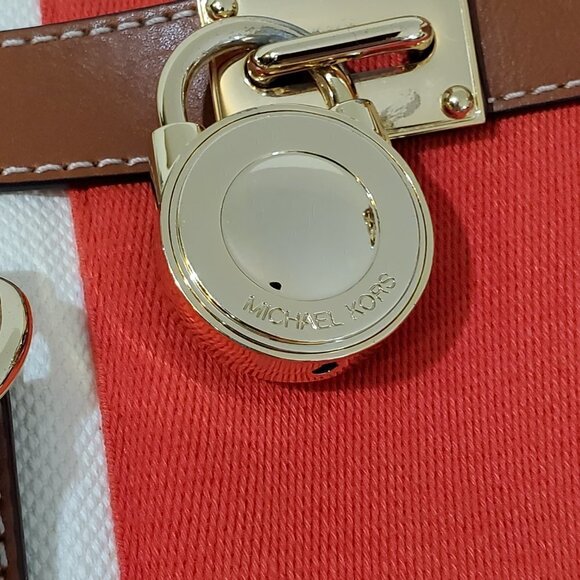 MICHAEL KORS purse Hamilton Red stripe Cream canvas/leather handbag bag 14x12x6 - Picture 6 of 13
